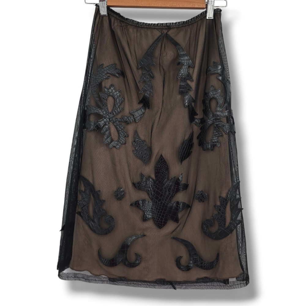 Tom K Nguyen Black Mesh Midi Skirt Faux Croc Applique Tan Lining Womens 4